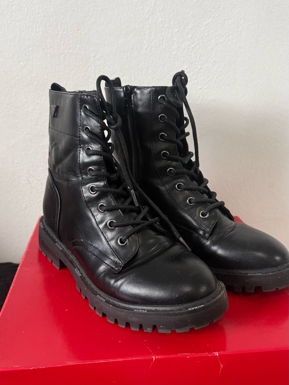 Guess Black Leather Women's Lace-Up Combat Ankle Boots